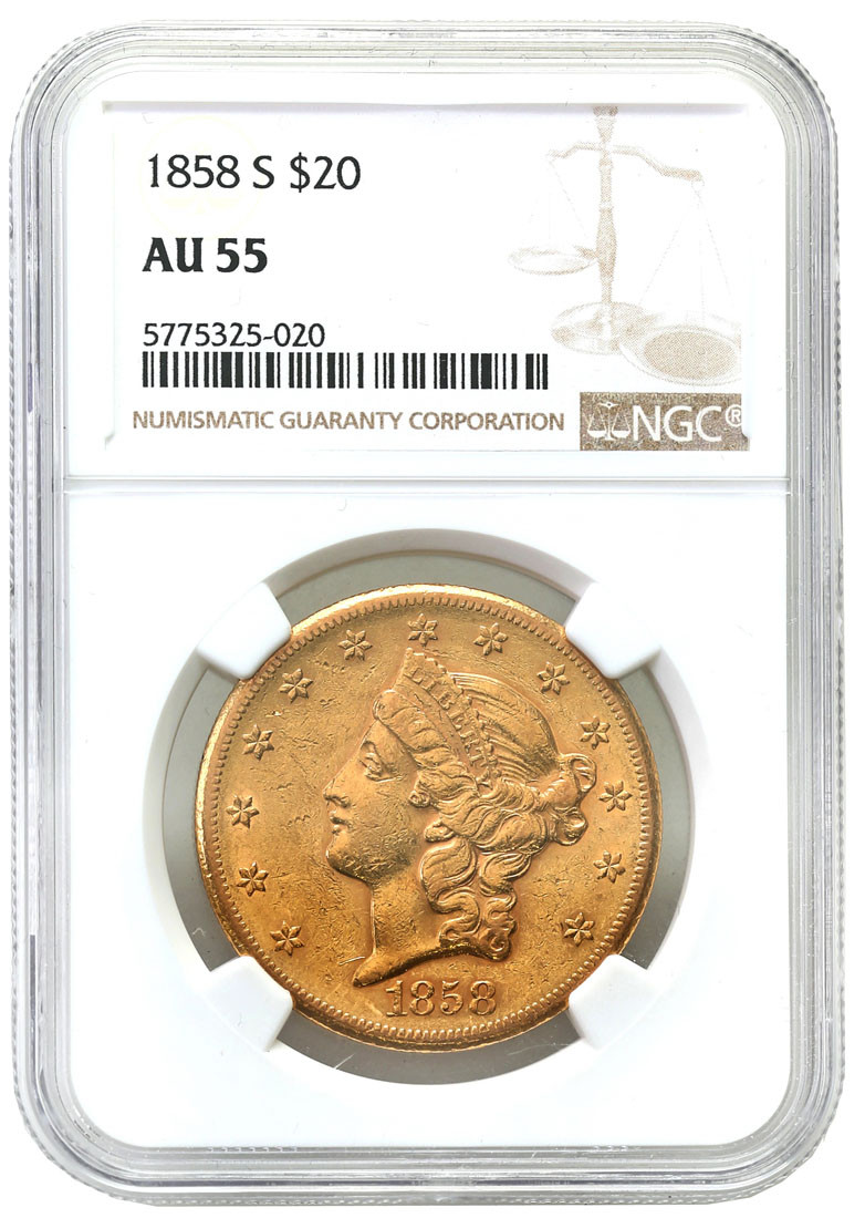 USA. 20 dolarów 1858 S, San Francisco NGC AU55